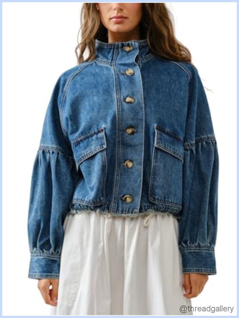 Womens Denim Bomber Jacket Balloon Sleeve Drawstring Waist Twill Coat with